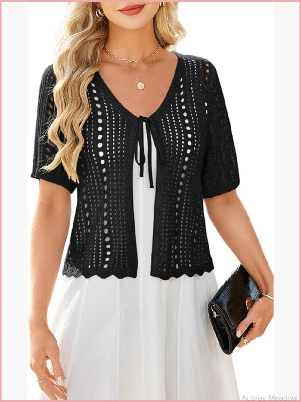 Crochet Short Sleeve Tie Front Cardigan Bolero Shrug Lightweight